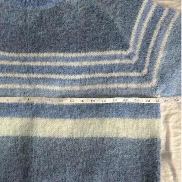 Blue and White Striped Fuzzy Sweater, Soft Women’s Knit Pullover Cozy - Picture 9 of 11